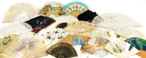 Various ladies fans, a bone example with floral centre, 82cm W, feather fan with shaped spokes, various other embroidered mother of pearl and strung fans, Duchess lace example in fitted case, etc. (a quantity)