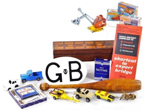 Various bygones, collectables, juggling skittle, boxed and other die-cast, to include Matchbox 45 Superfast die-cast car, GB badge, 19cm W, etc. (a quantity)