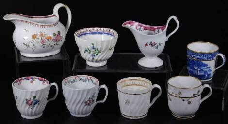 Various early 19thC porcelain, etc. a New Hall cream jug decorated with flowers, 12cm H, various cabinet cups, jug, other New Hall fluted cups, etc. (a quantity)