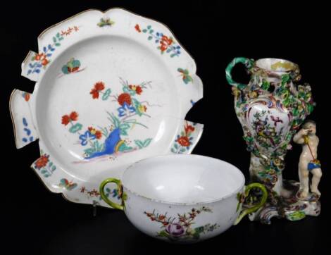 Various 19thC porcelain, to include a continental two handled bowl, handpainted with flowers, with naturalistic handles, 21cm W, Sitzendorf type vase group and a 19thC Japanese dish decorated with flowers.