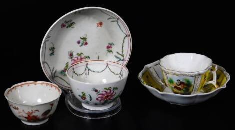 An early 19thC New Hall porcelain tea bowl and saucer, 14cm Dia. each piece decorated with flowers and garlands in pink and green, a continental cup and saucer and a further early 19thC tea bowl. (a quantity)