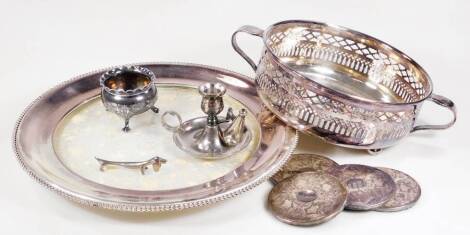 Various silver plated ware, chamber stick, 10cm H, coasters, two handled bowl, cake stand, etc. (a quantity)