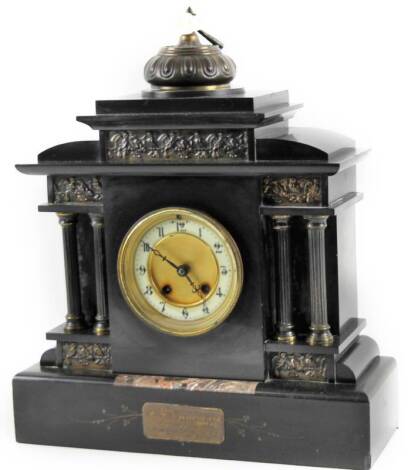 A 19thC slate and marble mantel clock, the 11cm Dia. Arabic dial before an 8-day movement in an architectural design case, 47cm H.