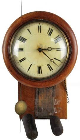 A 19thC mahogany cased postman's wall clock, with 8-day chain driven movement and 22cm Dia. Roman numeric dial, in a domed case with exposed weights and pendulum, the main body 40cm H.