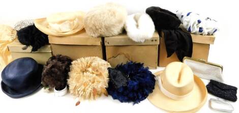 Various 20thC vintage ladies hats, to include feathered example, another mourning hat with net veil, etc. (a quantity)