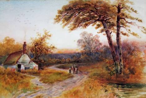 20thC English School. Figures on a path before cottage with trees to the side, on a summer's day, watercolour, unsigned, 29cm x 43cm.