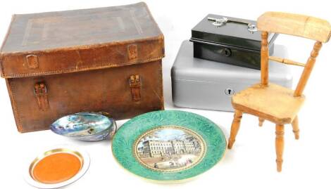 A Copenhagen saucer, in orange, a nacre style shell, 14cm W, an early 20thC leather hat box, two cash tins, a malachite type Pratt ware style plate and miniature carved chair. (a quantity)