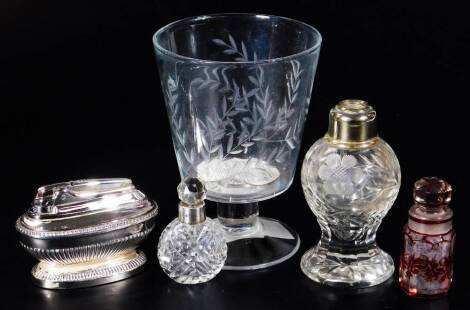 Various glassware, a 19thC glass rummer with fern leaf decoration, 14cm H, a continental red and clear glass Bohemian perfume bottle, another with silver collar and cut glass body, part atomiser, etc. (a quantity)