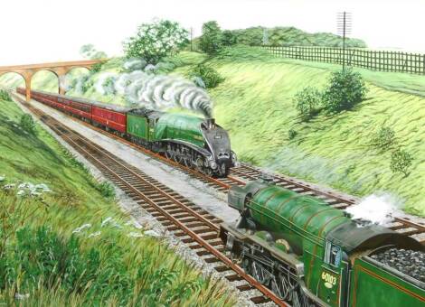 J Briggs (fl1999). Mallard and Flying Scotsman Passing At Stoke Bank, gouache, signed, 56cm x 83cm.