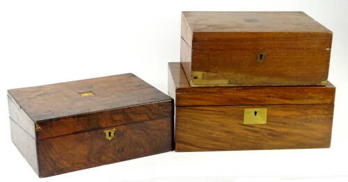 Three Victorian walnut work boxes, each with brass escutcheons, (AF) the largest 35cm W.