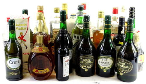 A large quantity of spirits, to include Haigh Dimple Whisky, Beefeater Gin, various sherries, whiskys etc. (AF)