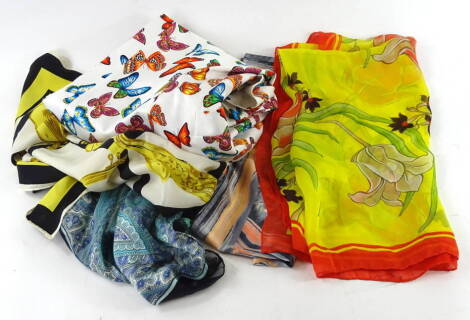 Miscellaneous ladies scarves, to include Escada and an Escada jacket, elaborately decorated with colourful butterflies.