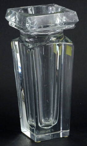 A Sevres Cristal clear glass square section vase, of tapering form, printed metallic label to side, 22cm H.