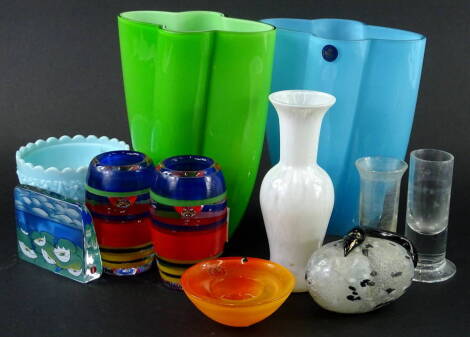 Two similar Royal Copenhagen opaque glass vases, one in green, the other blue and various other items of Scandinavian glass etc.