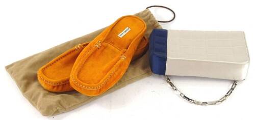 A pair of Hermes size 38 leather slippers, with travelling bag, and a ladies handbag.