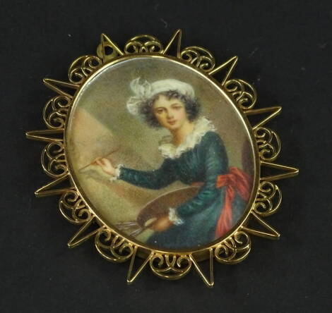 A late 19thC portrait pendant, with scroll sunburst design frame, and central porcelain portrait panel depicting a lady painting, yellow metal, unmarked, 6cm x 5cm, 11.2g all in.