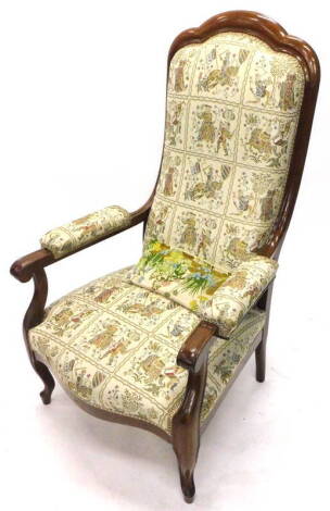 A 19thC mahogany show frame open armchair, the fabric decorated with medieval type jousting knights etc., on cabriole legs.