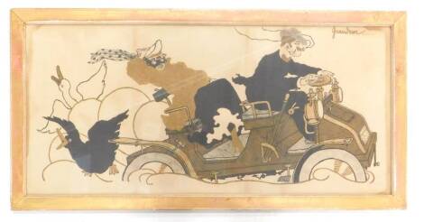 D'Azra. Decadence, depicting a gentleman after a motor accident, coloured lithograph, 43cm x 93cm.