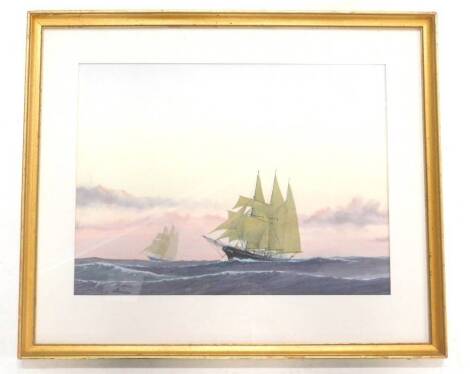 R. Cole. Two masted sailing ships at sunset, watercolour, 28cm x 39cm.