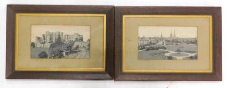 A pair of woven silk pictures by T Stevens, depicting Kenilworth Castle and Coventry, monochrome, with contemporary oak frames and mounts, a pair, 19cm x 33cm.