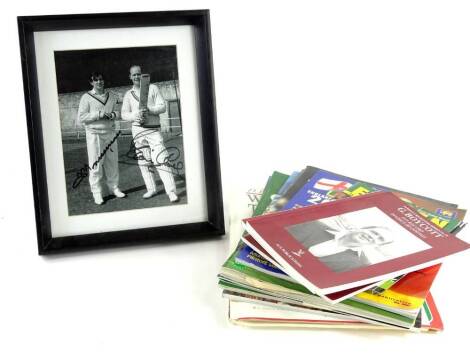 An autographed photograph of the Yorkshire cricketers Brian Close and Fred Truman, three books from the famous cricketer series on Geoffrey Boycott, Gary Sobers and Ian Botham, cricket programmes etc., to include a Clive Rice testimonial brochure, signed 