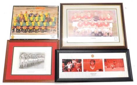 Four Manchester United related prints, to include after Steve Goig, The Busby Babes Final Game, George Best United Legend, tribute depicting the players involved in the Munich air disaster and a Manchester United season 1992-93 team photo.