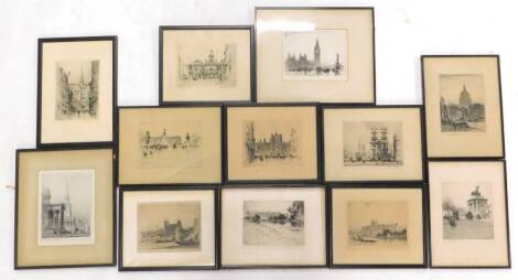 A collection of early 20thC monochrome engravings, each depicting scenes around London, to include The Horse Guards, St Pauls Cathedral, Big Ben, National Gallery etc. (various dates)