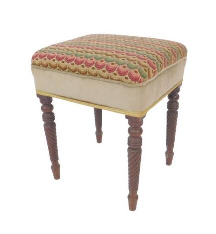 A Regency mahogany dressing stool, with over stuffed needlework seat upon four turned and spiral fluted tapered legs, 52cm H, 44cm Sq..