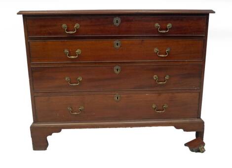 A George III mahogany chest, of four graduated drawers, with brass swan neck handles, cast escutcheons, and bracket feet, 90cm H, 115cm W, 54cm D.