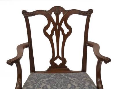 A set of six Chippendale design mahogany dining chairs, including two carvers, with pierced vase splats and overstuffed blue damask seats. - 3