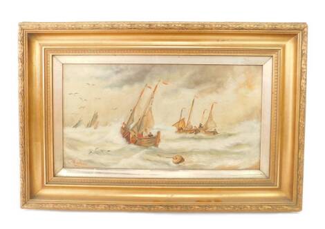 C Harbron (British, 19thC). Sailing boats in choppy seas, oil on canvas, signed, 22cm x 41.5cm.