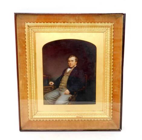 English School (19thC). Portrait of a seated gentleman at a desk, gouache and watercolour, framed and outer framed, 25.5cm x 20cm.