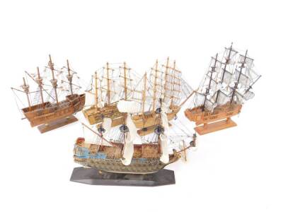 Wooden scale models of warships, fully rigged, including Le Soleil Royal, HMS Victory, HMS Bounty, and Mary Rose. (5)