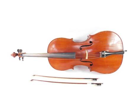 A Celebre Vosgien cello, bears label and retailer's label for Lesley Sheppard, Burgess Hill, Sussex, together with two bows, cased.