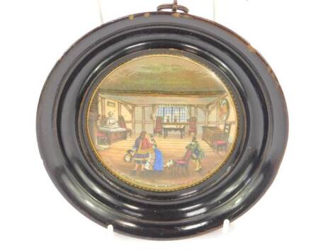 A Pratt ware pot lid, 19thC, decorated with the room in which Shakespeare was born, 1564, Stratford on Avon, framed, 10cm Dia.