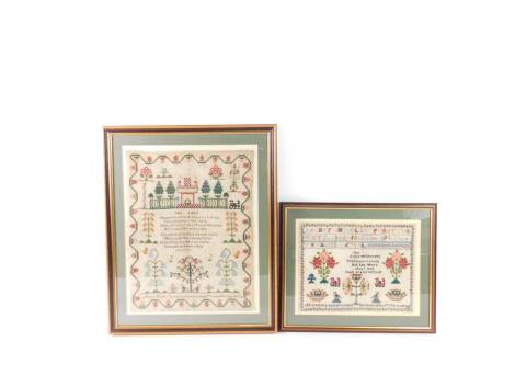 A Victorian wool work sampler, By Mary Smith Who Finished This Work In The 10th Year Of Her Age 1859, decorated with Thou Truest Friend Man Ever Knew from The Bible, a house, figures, trees and flowers, 55cm x 43cm, and a further sampler by Margaret A Alc