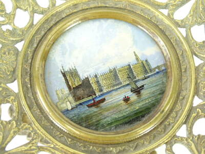 A Victorian gilt metal comport or tazza, with pierced decoration of scrolls, leaves etc., surrounding a central hand coloured print of The Houses of Parliament, on a circular column and pierced triform base, 20cm dia. - 2