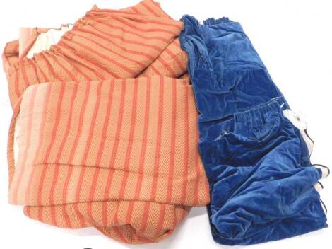 A pair of full length coral and gold herringbone design curtains, blue velvet curtains, etc.