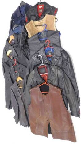 Various gentleman's black leather and other jackets, a sheepskin waist coat etc.