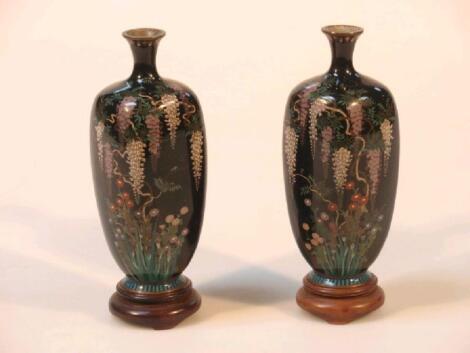 A pair of late 19thC Japanese silver wire cloisonne vases