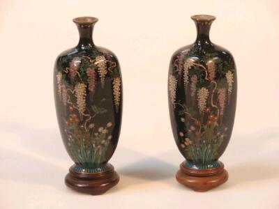 A pair of late 19thC Japanese silver wire cloisonne vases