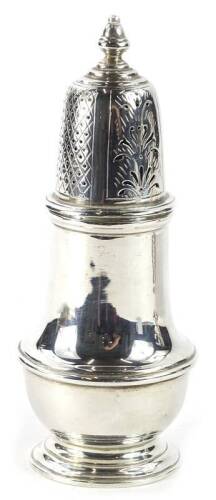 A George VI silver baluster shaped sugar castor, with a turned finial, pierced lid on a domed foot, (AF), Birmingham 1937, 6¾oz, 19cm H.