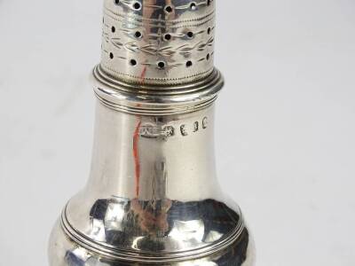 A George III baluster shaped silver sugar castor, with an acorn finial, on a tapering foot, London 1796, 2½oz, 14cm H. - 2