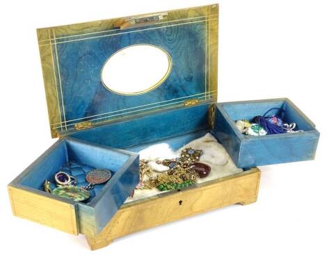 A small quantity of modern costume jewellery, in a wooden marquetry jewellery box, comprising brooches, silver brooch, pendant necklaces, floral pendants etc. (1 box)