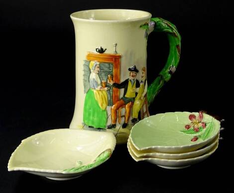 A Crown Devon Auld Lang Syne musical mug, and various Carltonware leaf shaped dishes.