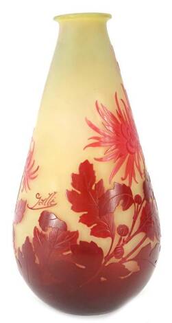 An Art Glass vase, with ruby tinted acid etched decoration of chrysanthemums, leaves etc., bearing the name Gallé, 31cm H.