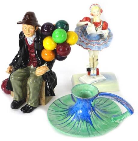 A collection of ceramics, to include Royal Doulton figurine The Balloon Man, Royal Doulton Coppelia (AF) and a Shelley chamber candlestick.