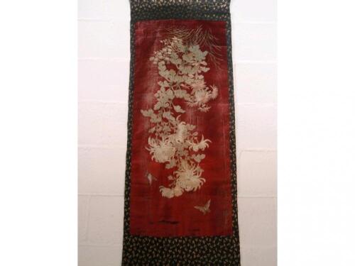 Two oriental hanging silk needlework scroll panels