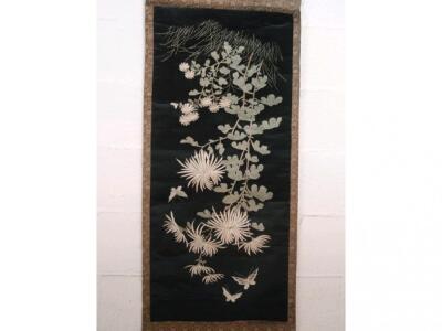 Two oriental hanging silk needlework scroll panels - 2