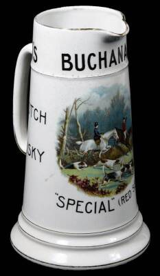 An early 20thC Buchanan's Red Seal Scotch Whisky water jug, with an upper named banding and transfer printed hunting scene to the cylindrical body on a stepped circular gilt lined foot, Beardmore Fenton printed marks beneath, no. 225, 19.5cm H.